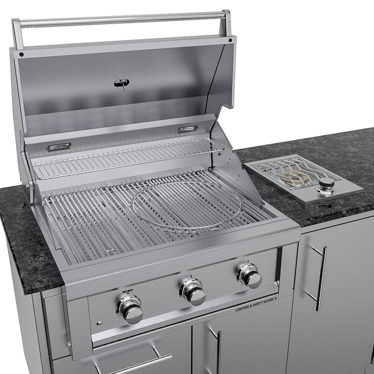 Sunstone Grills SCPBRAZOS9 Brazos 9 Ft Outdoor Kitchen Island w/ Grill & Side Burner, Sink, Door & Drawer - Grill Open - Detail