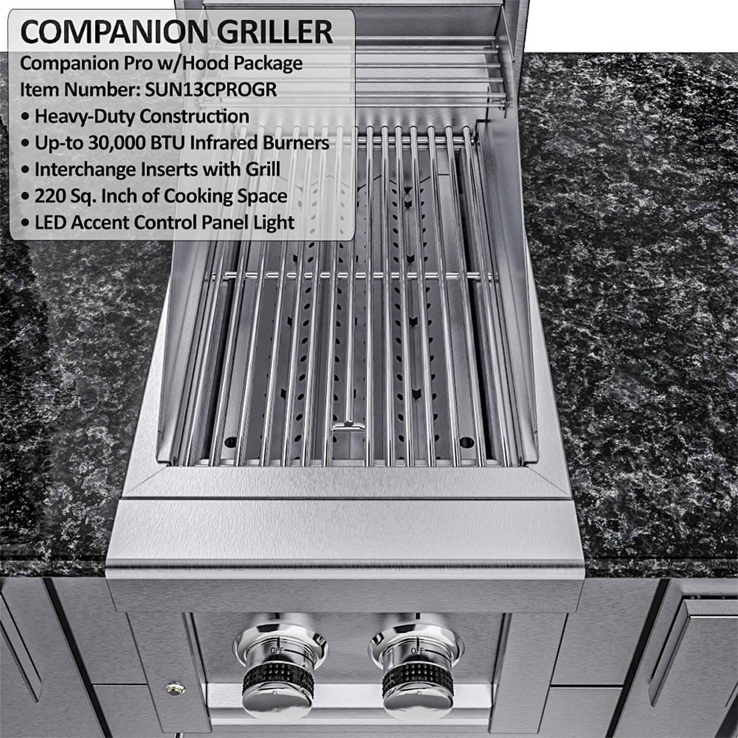 Sunstone Grills SCPDALLAS14 Dallas 14 Ft Outdoor Kitchen Island Gas Grill & Side Burner, Sink, Refrigerator, Trash Bin, Door & Drawer - Side Burner - Detail