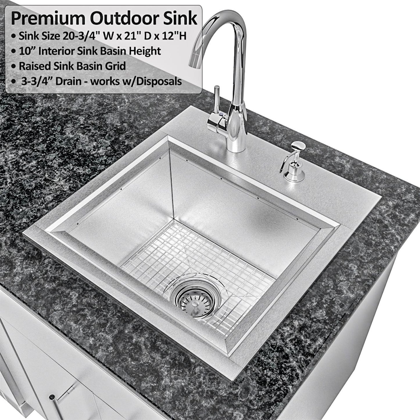 Sunstone Grills SCPDALLAS14 Dallas 14 Ft Outdoor Kitchen Island Gas Grill & Side Burner, Sink, Refrigerator, Trash Bin, Door & Drawer - Sink - Detail