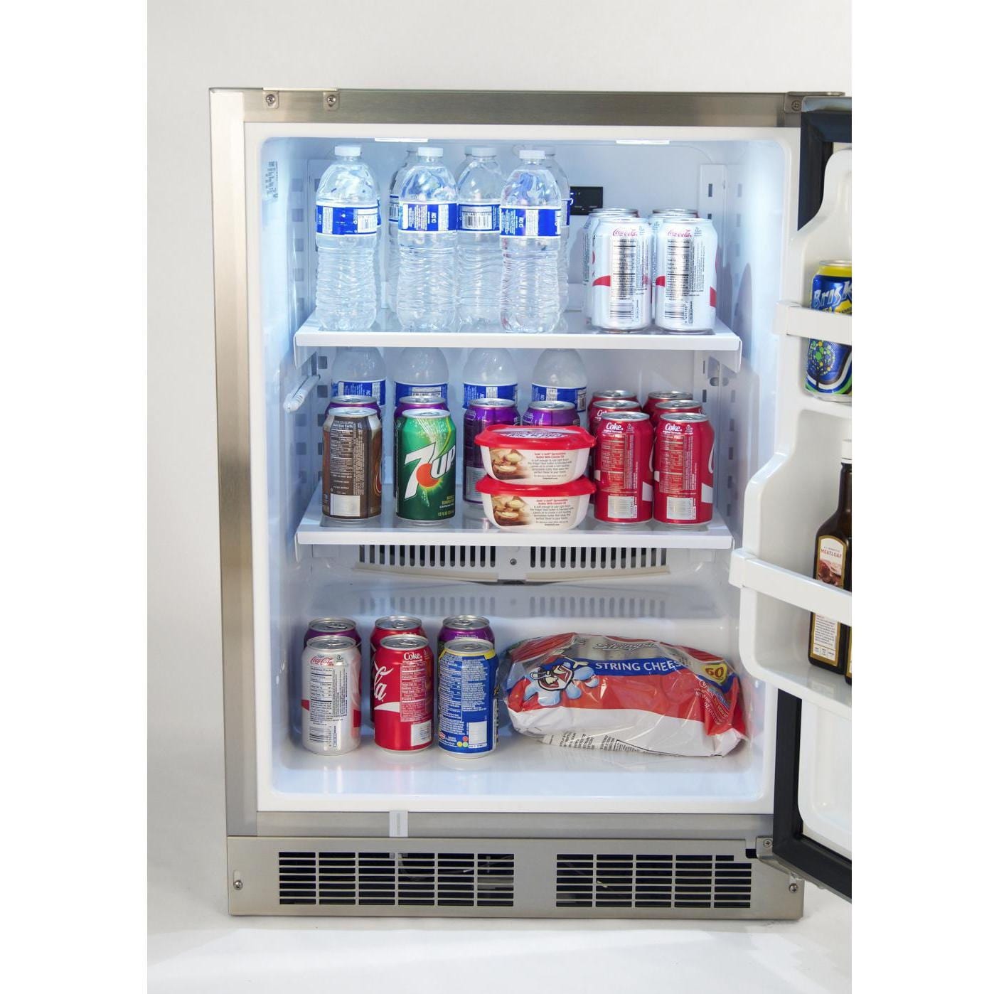 Fire Magic 24 Inch 6.5 Cu. Ft. Left Hinged Outdoor Built-In Refrigerator - Door Open w/Lights On