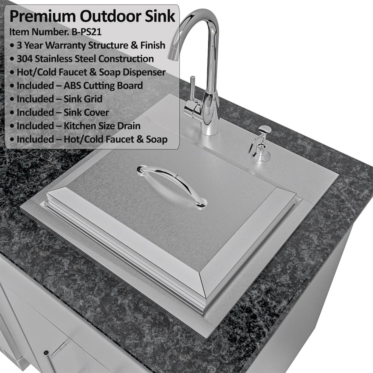 Sunstone Grills SCPDALLAS14 Dallas 14 Ft Outdoor Kitchen Island Gas Grill & Side Burner, Sink, Refrigerator, Trash Bin, Door & Drawer - Sink w/ Lid - Detail