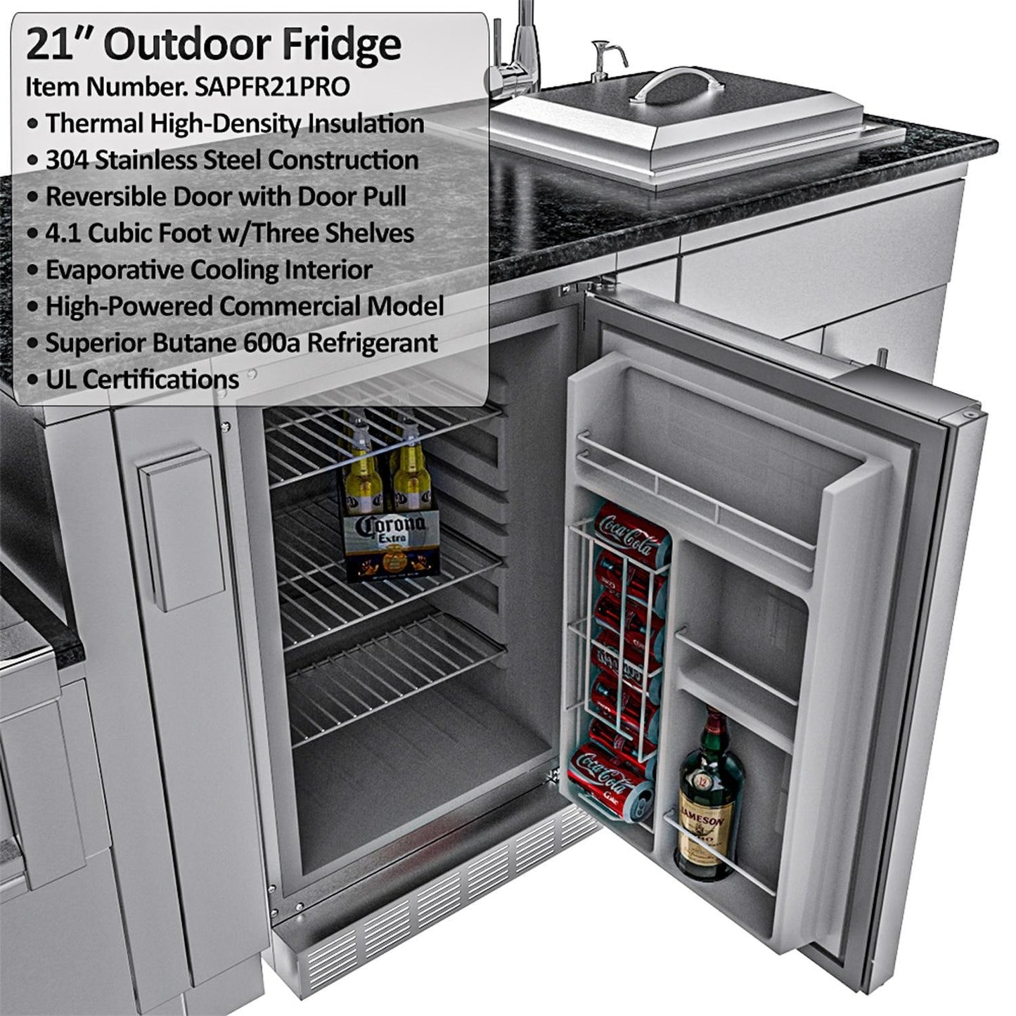 Sunstone Grills SCPDALLAS14 Dallas 14 Ft Outdoor Kitchen Island Gas Grill & Side Burner, Sink, Refrigerator, Trash Bin, Door & Drawer - Refrigerator - Detail
