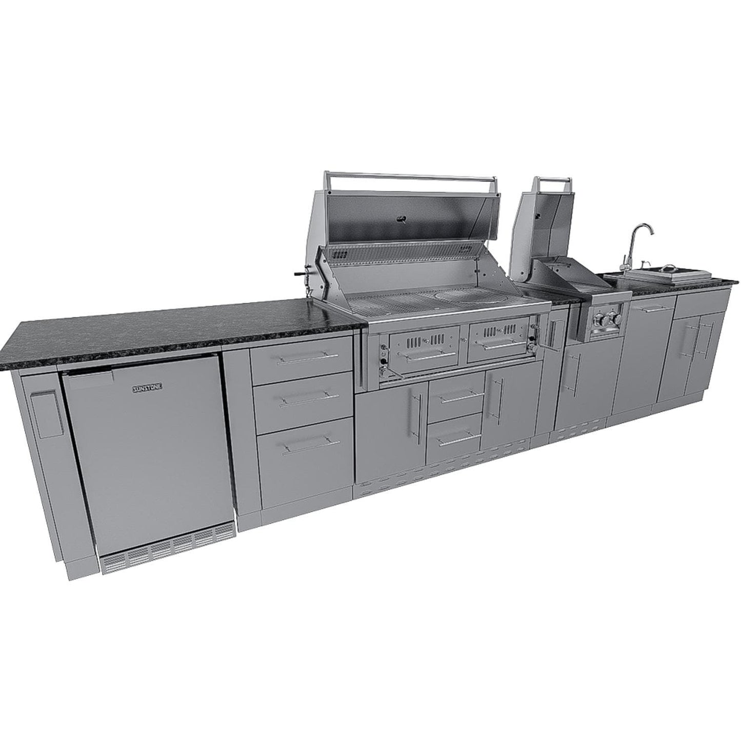 Sunstone Grills SCPDALLAS14 Dallas 14 Ft Outdoor Kitchen Island Gas Grill & Side Burner, Sink, Refrigerator, Trash Bin, Door & Drawer - Angle Grill Open - White Background