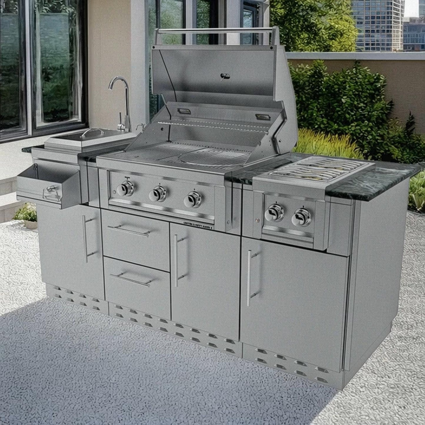 Sunstone Grills SCPCAPRICE6.4 Caprice 6 1/2 Ft Outdoor Kitchen Island w/ Grill & Side Burner, Door & Drawer – Island – White Background