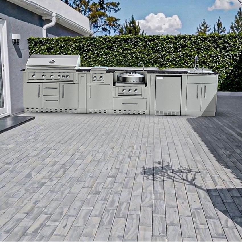 Sunstone Grills SCPHILLCOUNTRY13.6 Hill Country 13 1/2 Ft Outdoor Kitchen Island w/ Grill & Side Burner, Sink, Refrigerator, Door & Drawer – On the Patio – Lifestyle