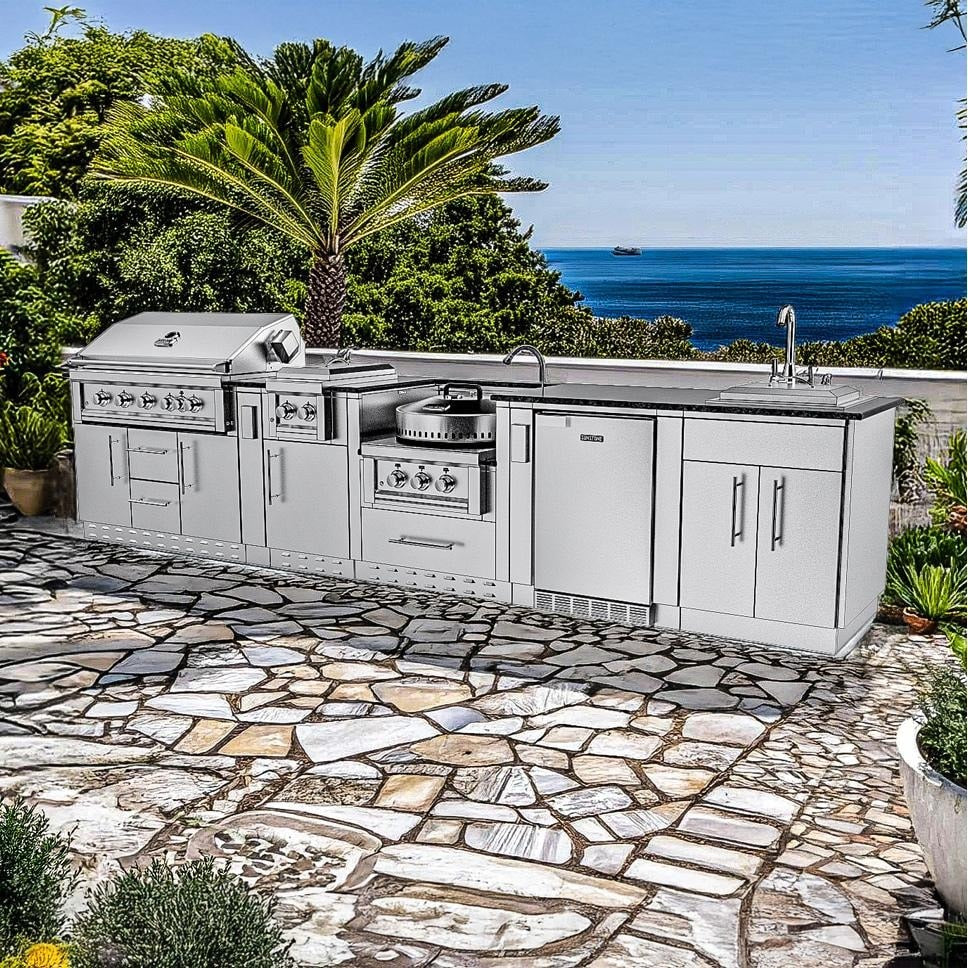 Sunstone Grills SCPHILLCOUNTRY13.6 Hill Country 13 1/2 Ft Outdoor Kitchen Island w/ Grill & Side Burner, Sink, Refrigerator, Door & Drawer – On the Patio by the Water – Lifestyle