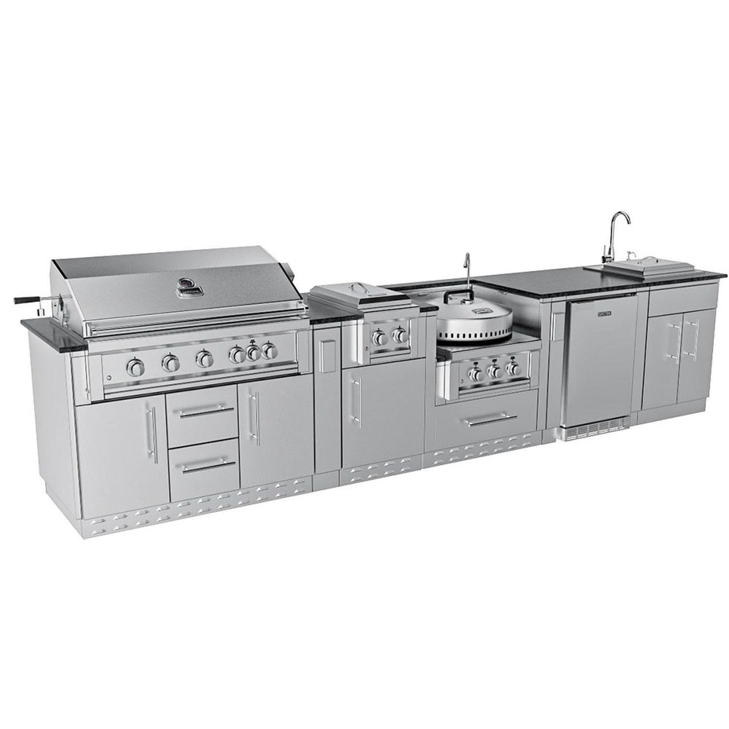 Sunstone Grills SCPHILLCOUNTRY13.6 Hill Country 13 1/2 Ft Outdoor Kitchen Island w/ Grill & Side Burner, Sink, Refrigerator, Door & Drawer – Angled – White Background
