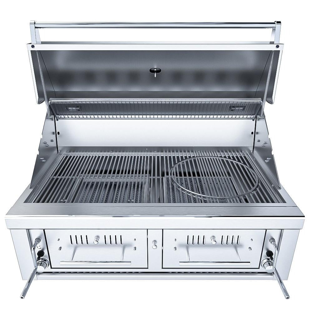 Sunstone EMCHDZ42 Series 42 Inch Hybrid Dual Zone Charcoal/Wood Burning Grill - Hood Open