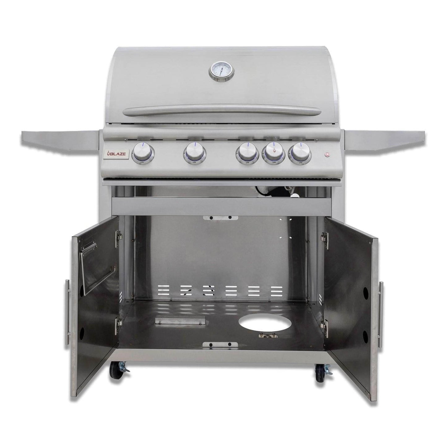 Blaze BLZ-4LTE3-Premium LTE+ 32-Inch 4-Burner Grill With Rear Infrared Burner & Lift-Assist Hood - On Cart - Drawers Open - White Background