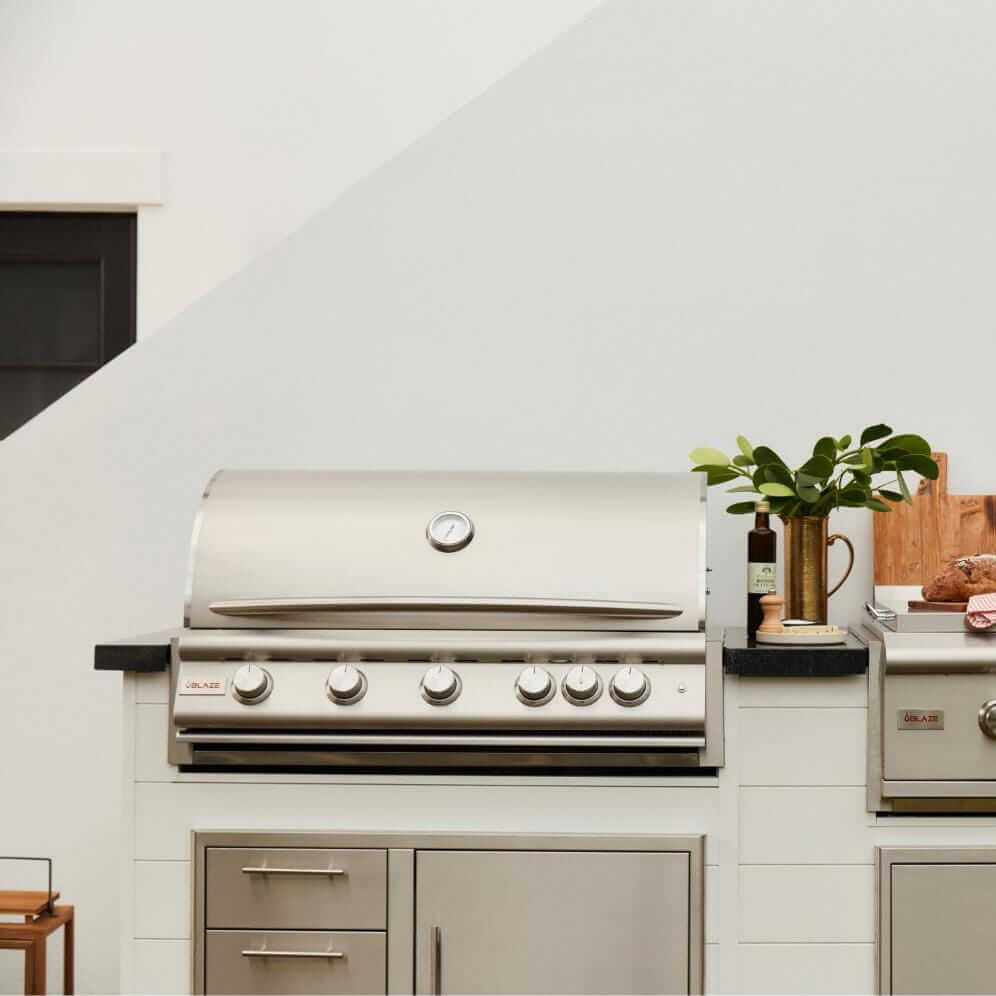 Blaze BLZ-5LTE3 Premium LTE+ 40-Inch 5-Burner Built-In Gas Grill With Rear Infrared Burner & Lift-Assist Hood - Front View - Lifestyle
