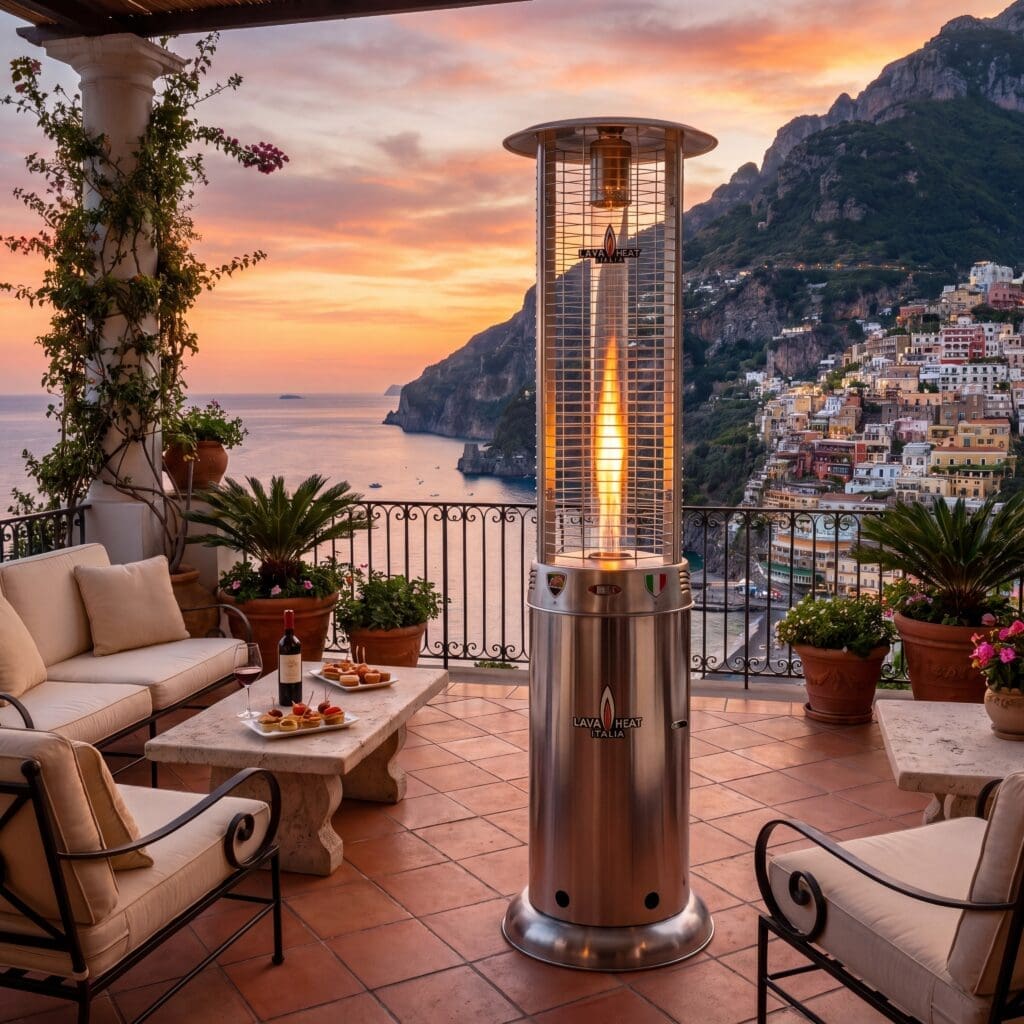 Lava Heat Opus Lite Round Flame Tower Heater 80.5-inch 44 K BTU Electronic Ignition Stainless Steel Liquid Propane - RL7MPS - Outdoor Evening View