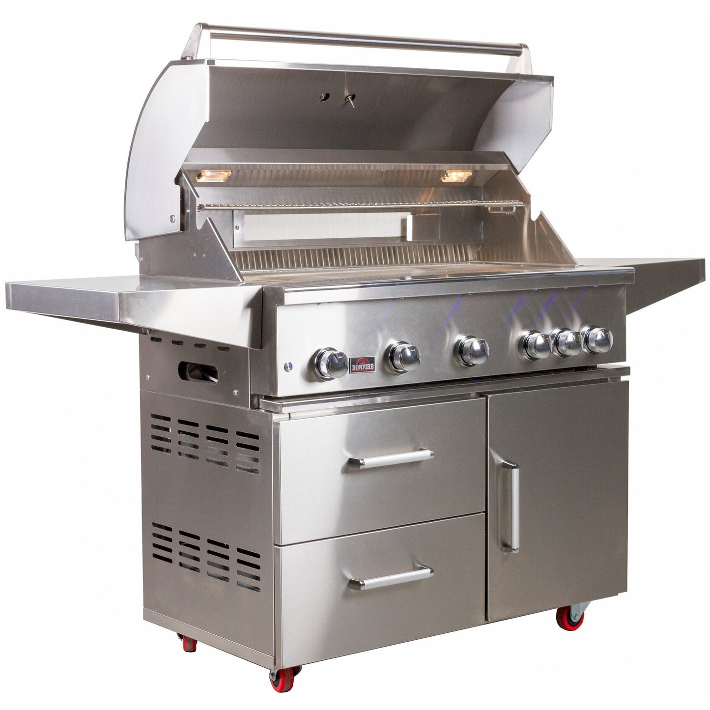 Bonfire 42-Inch 5 Burner Freestanding Cart Gas Grill W/ Rotisserie Kit - CBF500CDC - Angle Open