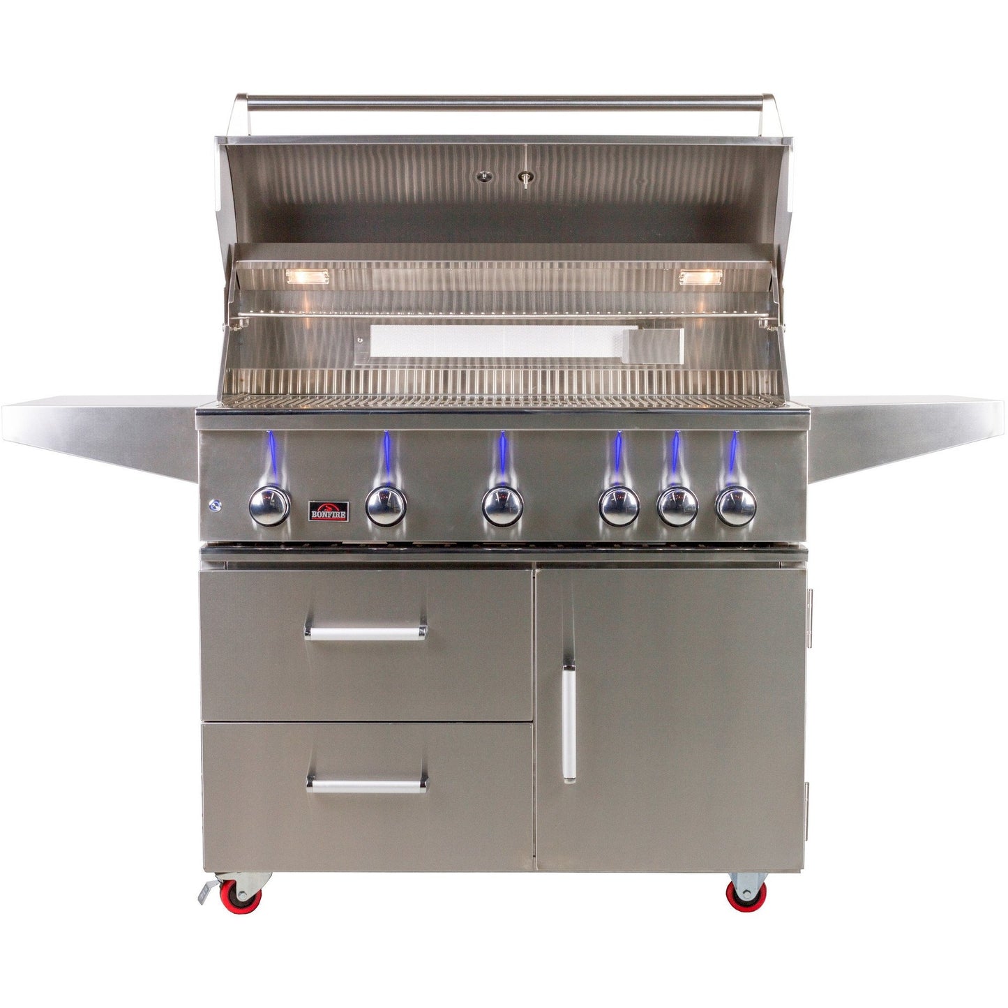 Bonfire 42-Inch 5 Burner Freestanding Cart Gas Grill W/ Rotisserie Kit - CBF500CDC - Front Open
