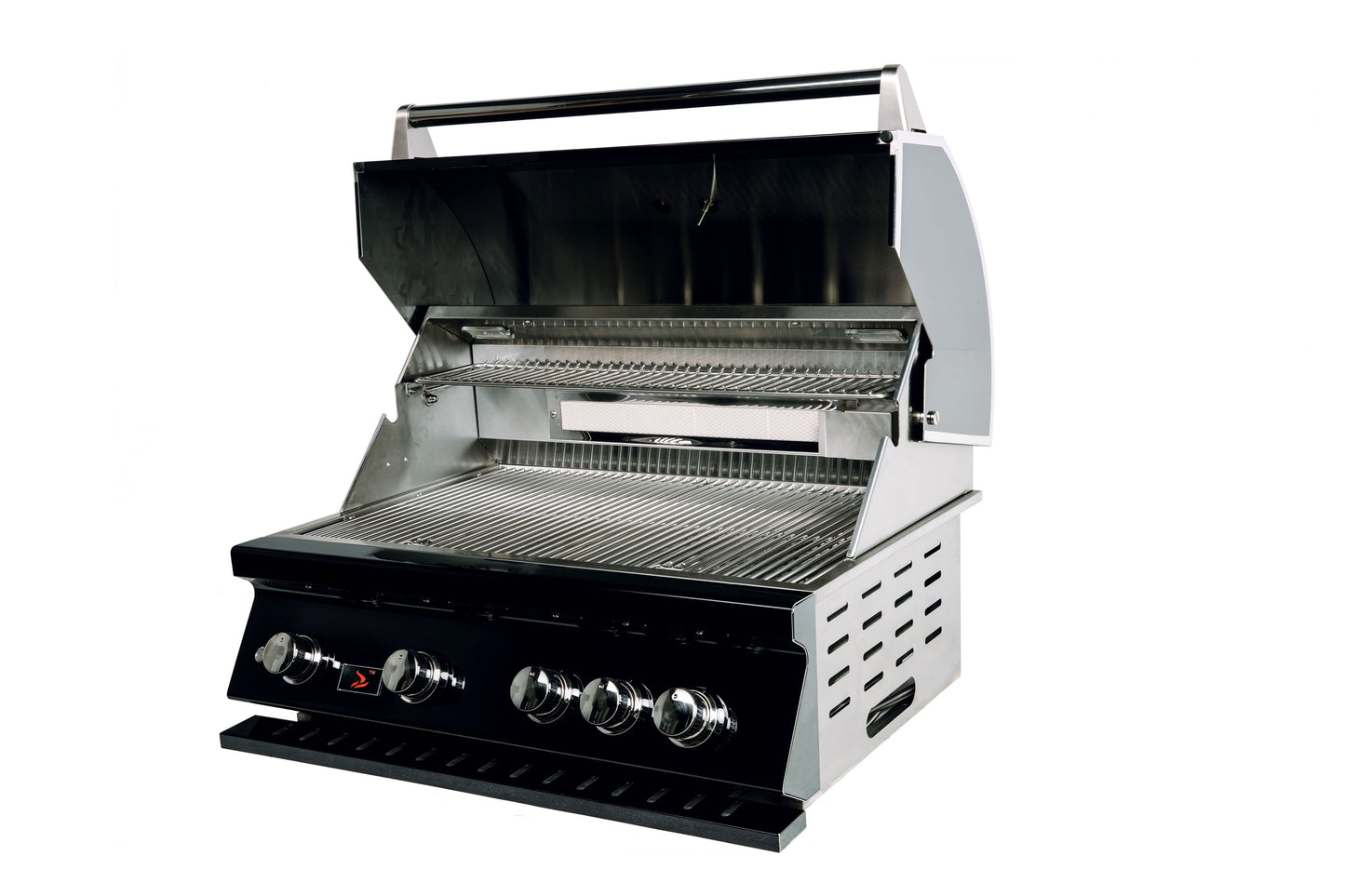 Bonfire Black Stainless Steel 34 inch and 4 Burner Built In Gas Grill with Rotisserie Kit Black Series - CBB4-B - Angled Open Head View