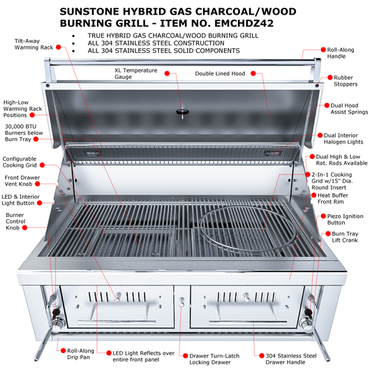 Sunstone 42-Inch Built-In Dual Zone Charcoal Grill - SUNCHDZ42