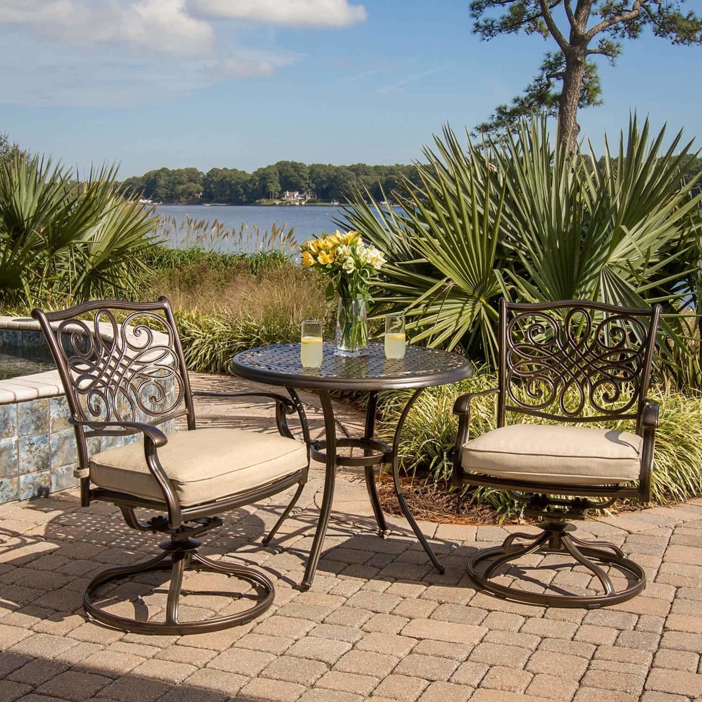 Hammond Adams 3pc outdoor dining set 2 swivel rockers and round table - M&K Grills