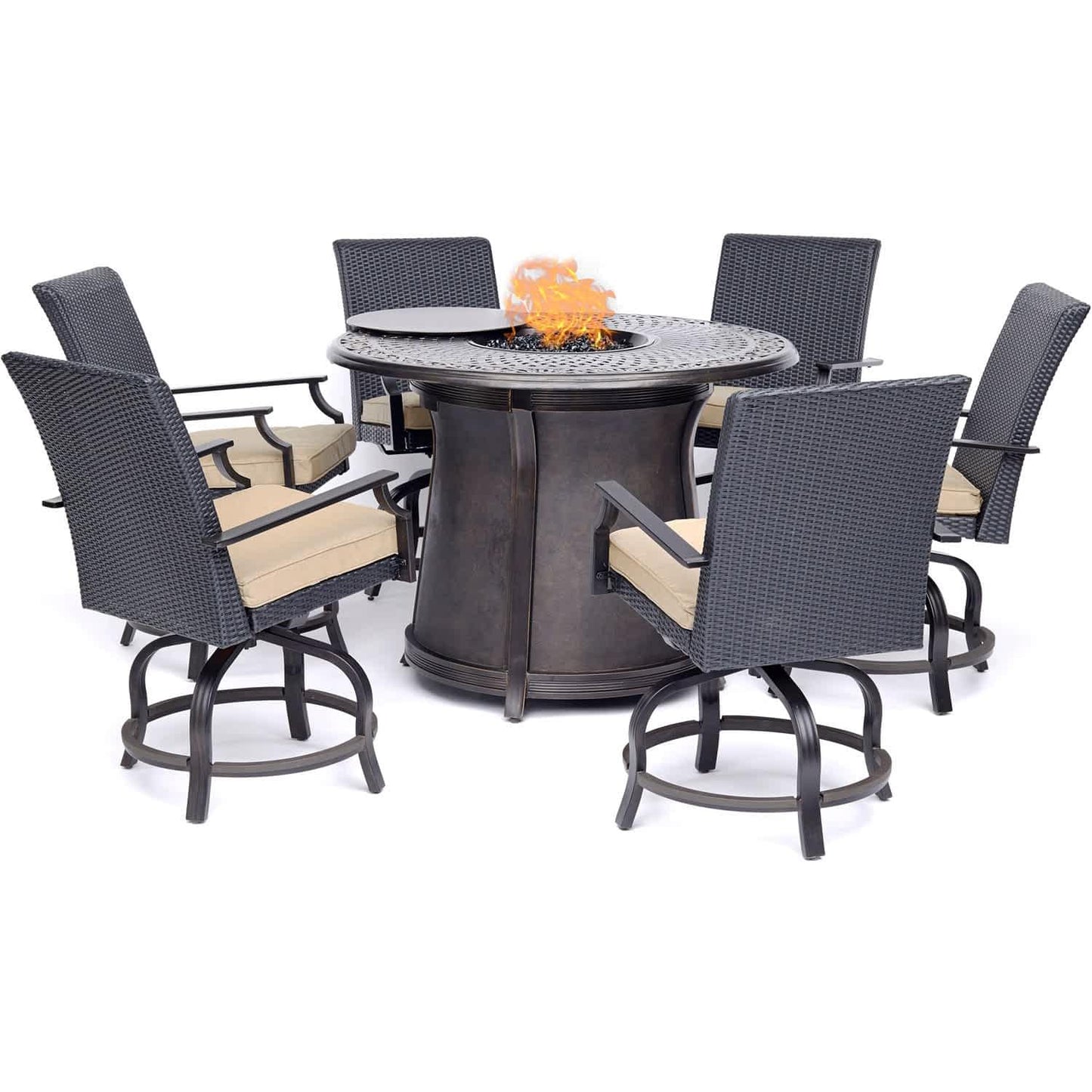 Hanover 5pc High Fire Pit Set 6 Swivel Chairs 48-Inch Round Cast Top Fire Pit Tbl - M&K Grills