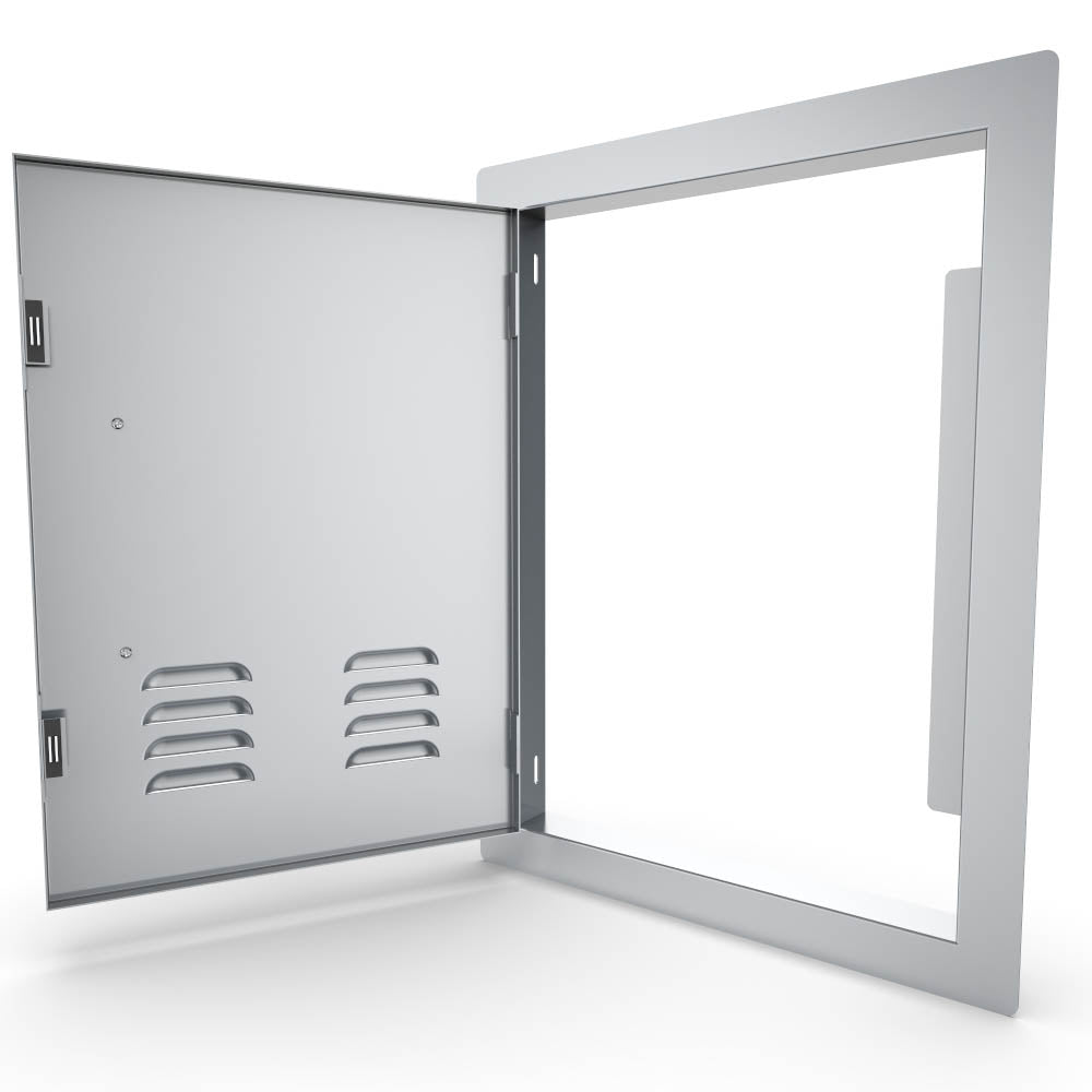 Sunstone 14x20 & 17x24 Vertical Access Door Vented w/Left or Right Swing - A-DV1724 - Stainless steel vented access door, open, showing inner frame.