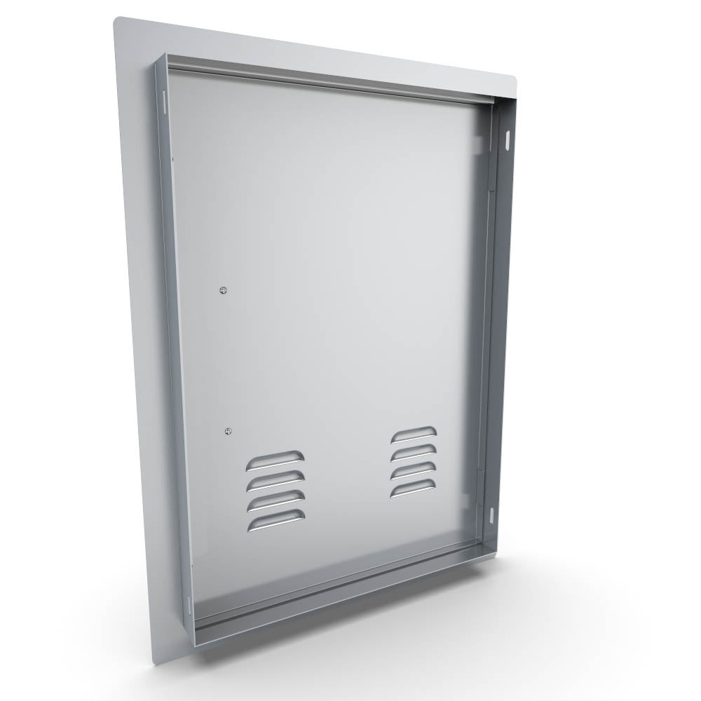 Sunstone 14x20 & 17x24 Vertical Access Door Vented w/Left or Right Swing - A-DV1724 - Back view of an open stainless steel vented access door with frame.