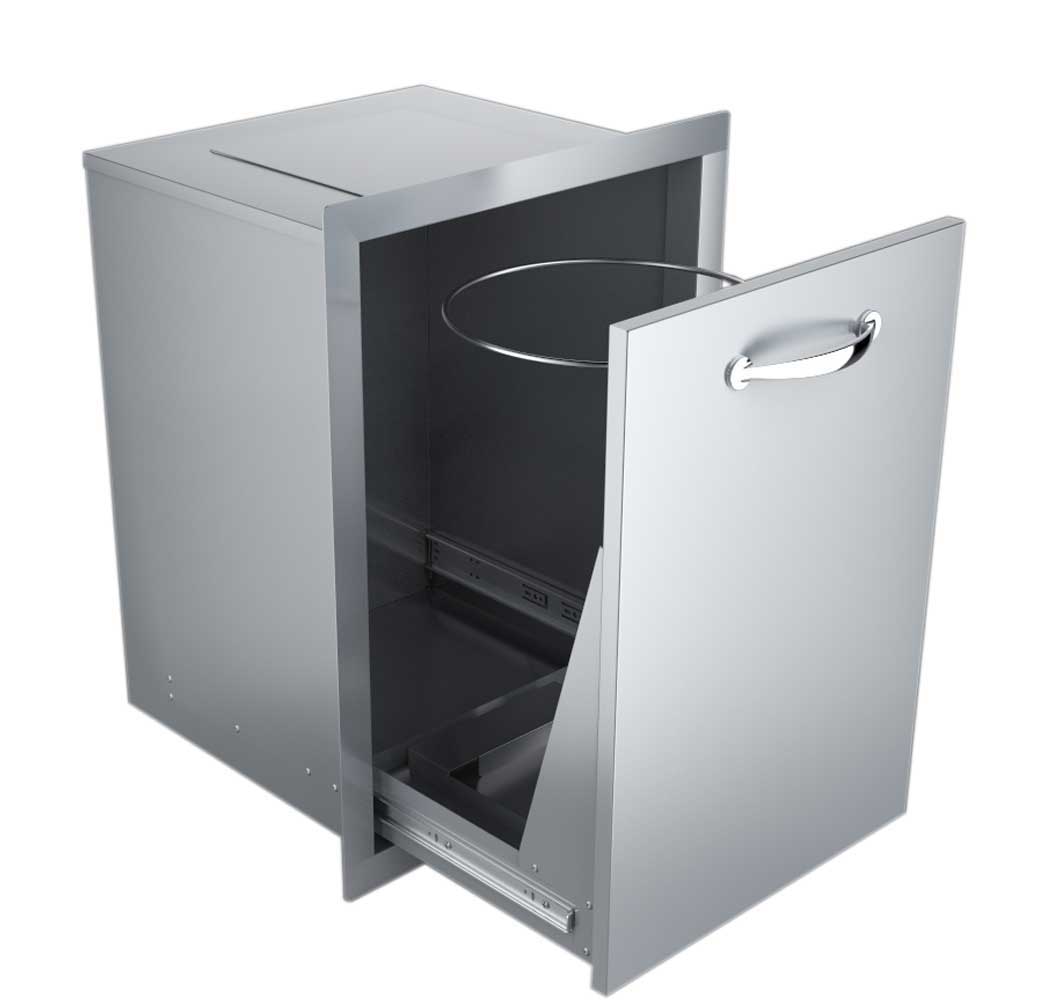 Sunstone 20" Enclosed Trash Drawer w/Trash Bag Ring & Top Punch- Out for counter trash chute - A-TRHD - Open single-door metal trash cabinet with bag inside.