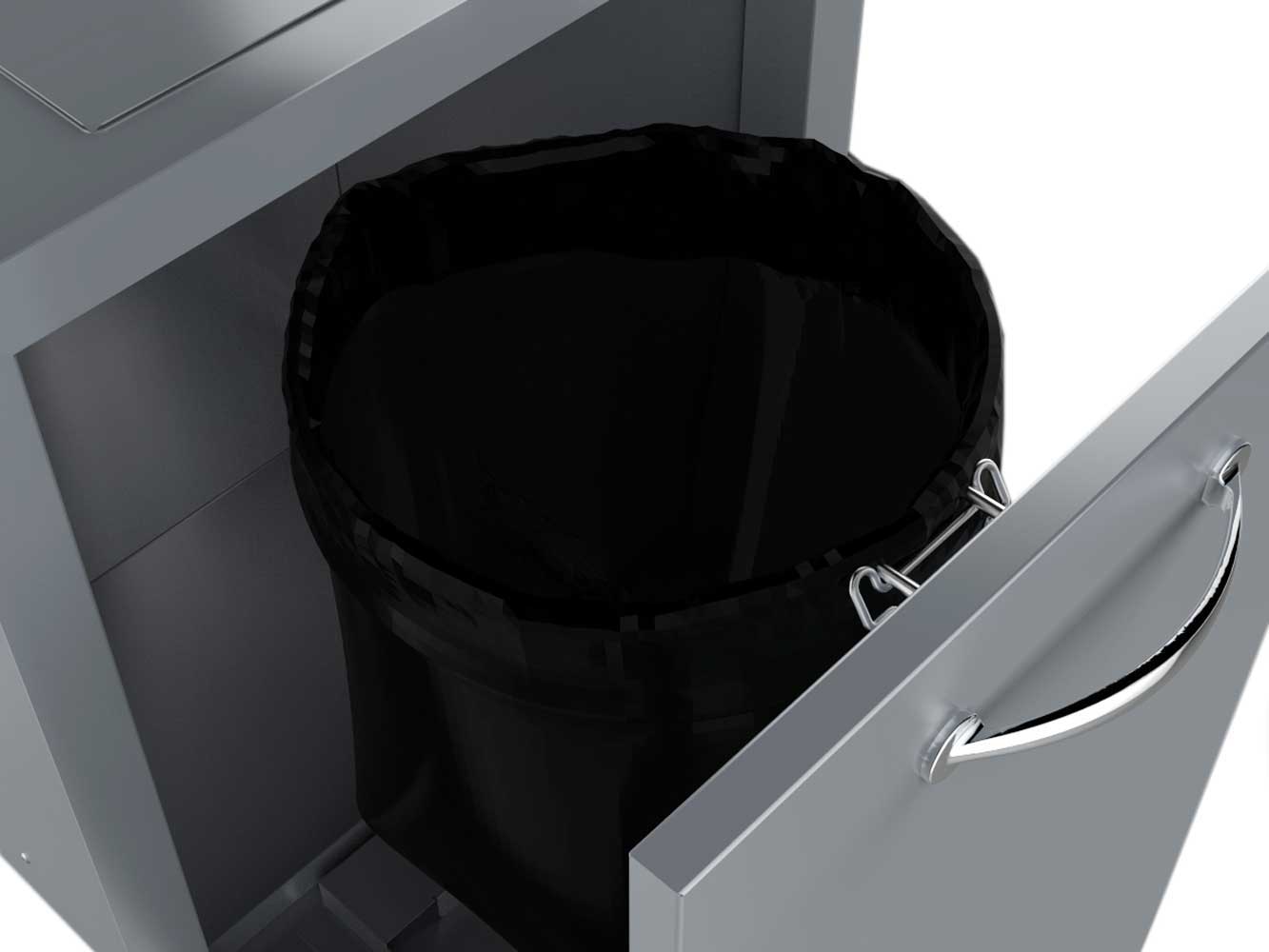 Sunstone 20" Enclosed Trash Drawer w/Trash Bag Ring & Top Punch- Out for counter trash chute - A-TRHD - Top view of metal trash cabinet with open top showing bag.