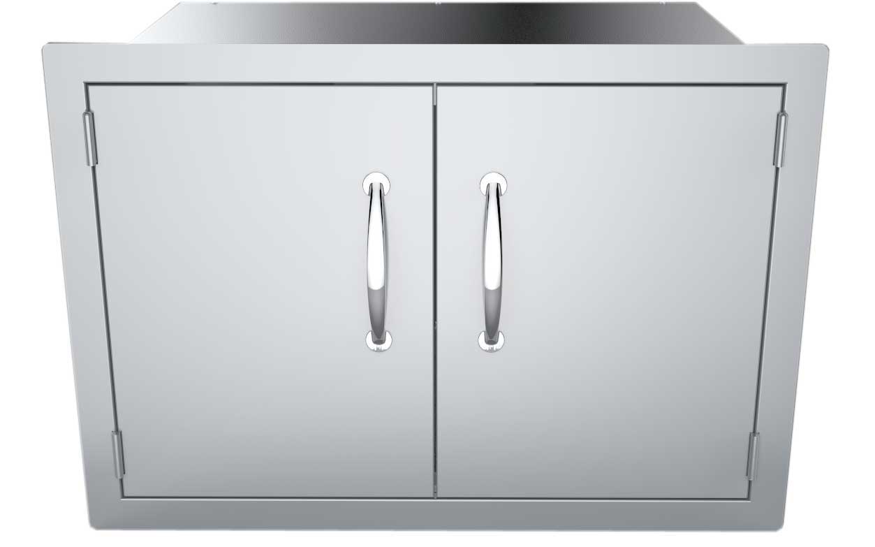 Sunstone 30" Flush Mount Double Door Dry Storage Pantry - DSH30 - Metal cabinet with closed double doors, angled view.
