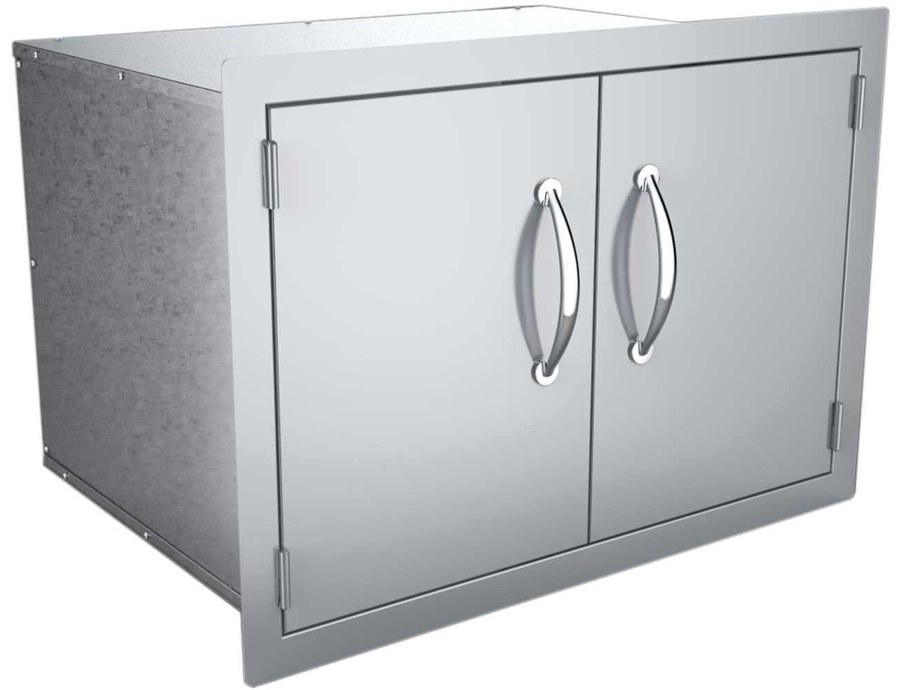 Sunstone 30" Flush Mount Double Door Dry Storage Pantry - DSH30 - Metal cabinet with closed double doors, side view.