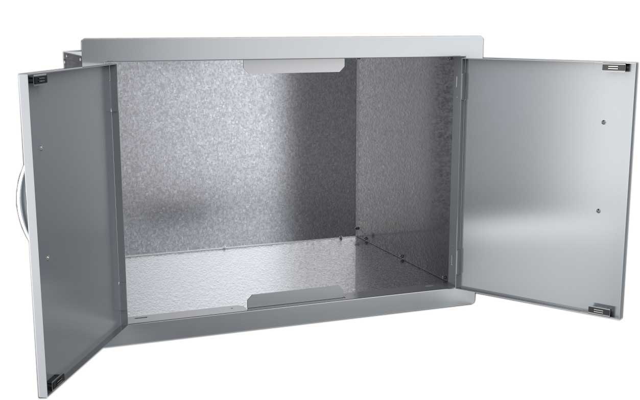 Sunstone 30" Flush Mount Double Door Dry Storage Pantry - DSH30 - Open double-door metal cabinet showing interior.