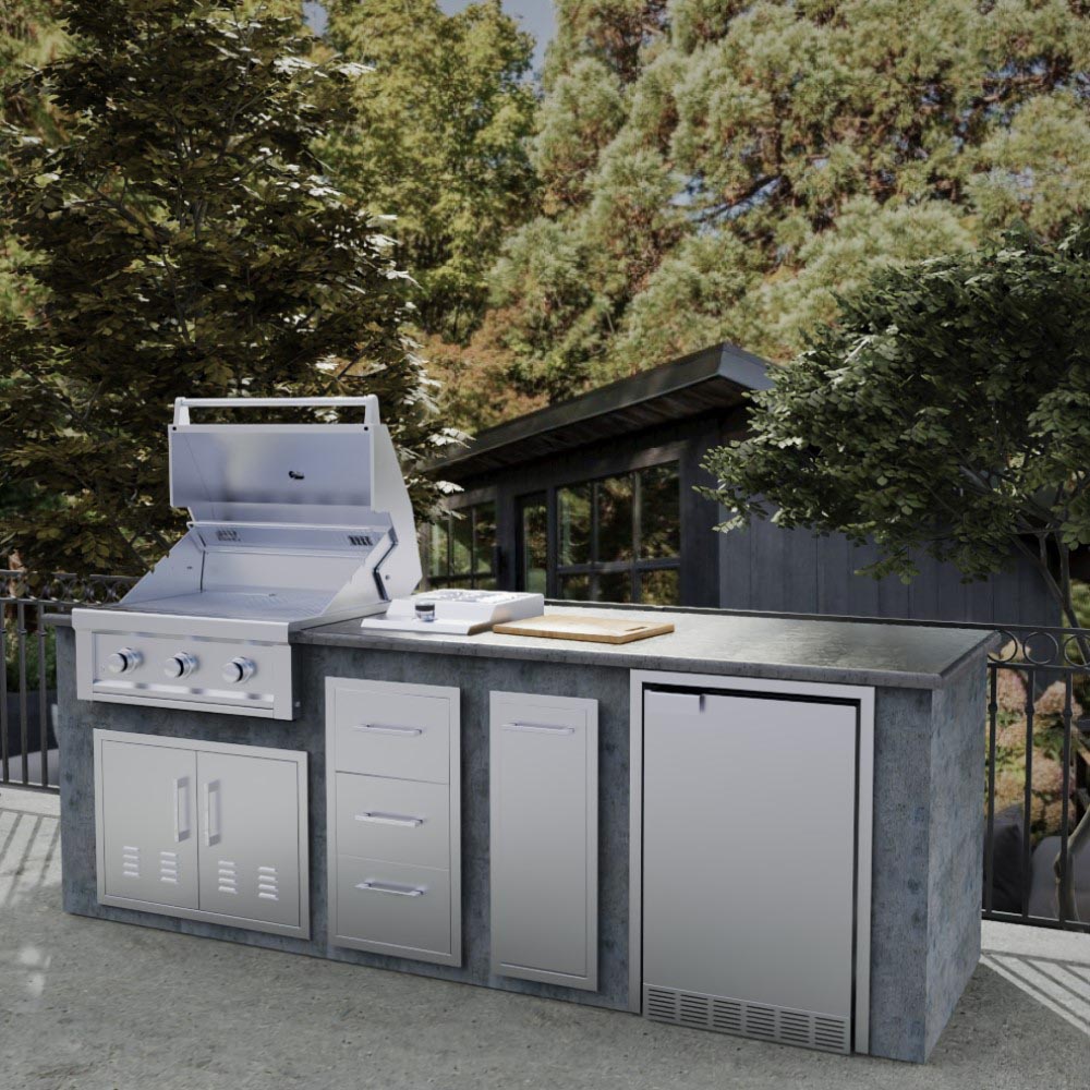 Sunstone Signature Series Fridge Trim for 21” Wide Fridges - BA-TRIM21 - Outdoor kitchen setup with trimmed fridge.