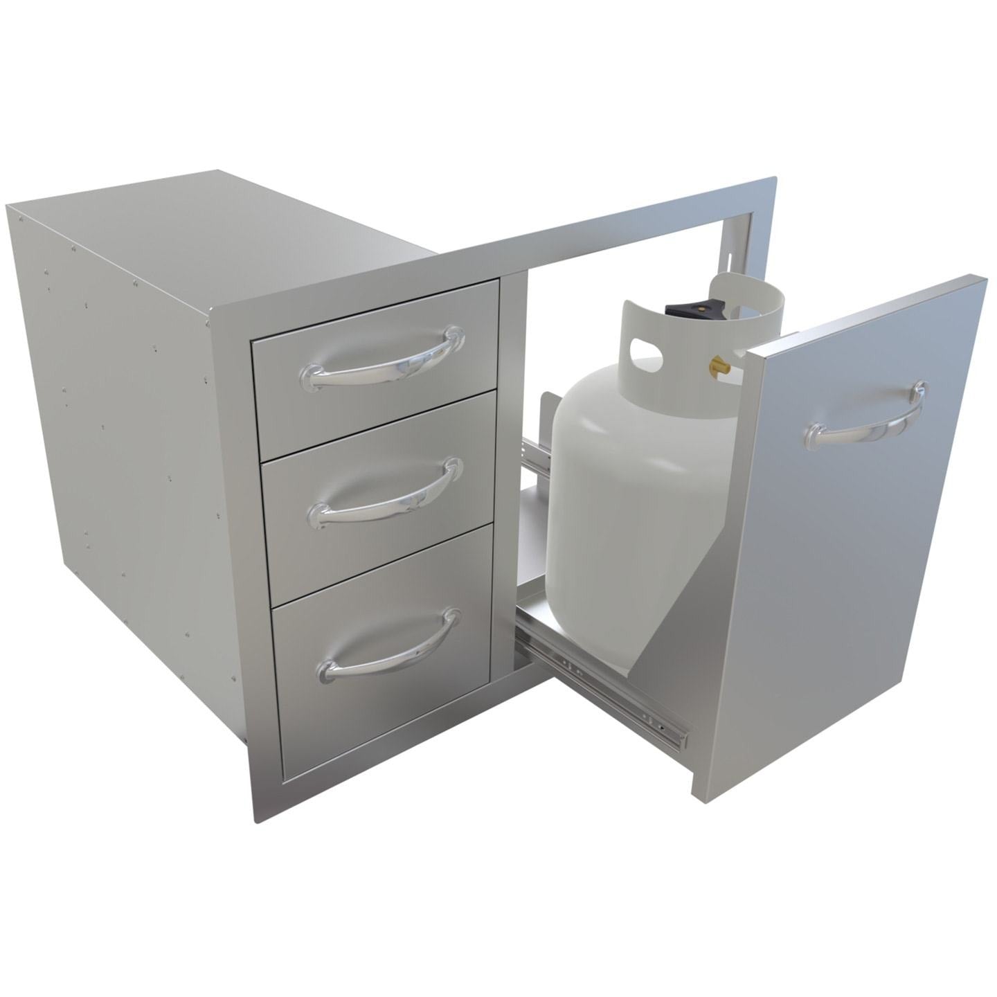 Sunstone 30 inch tank/trash storage & triple drawer BA-LPCTD30 - Open Door with Propane Tank Accommodation.
