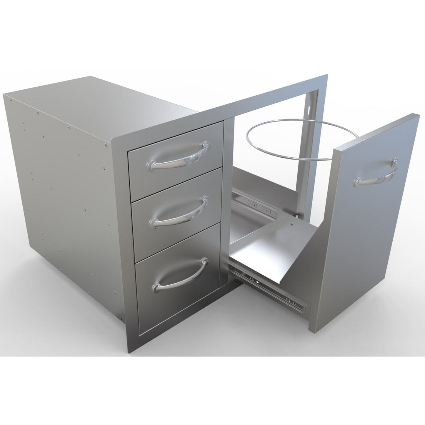 Sunstone 30 inch tank/trash storage & triple drawer BA-LPCTD30 - Open Door with Storage Compartment.