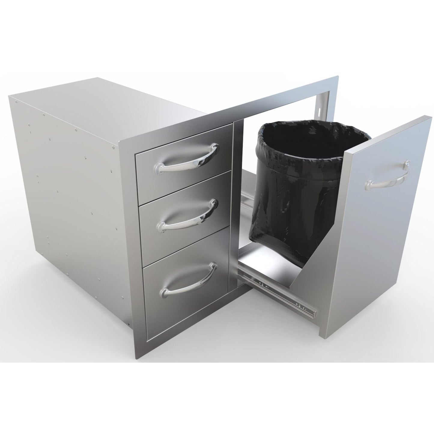 Sunstone 30 inch tank/trash storage & triple drawer BA-LPCTD30 - Open Trash Drawer with Bin Included.