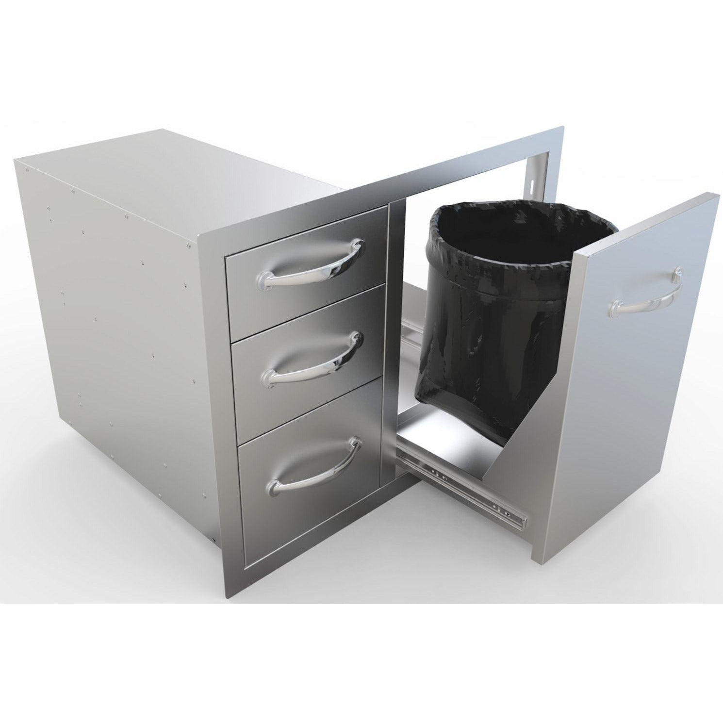 Sunstone 30 inch tank/trash storage & triple drawer BA-LPCTD30 - Open Trash Drawer with Bin Included.
