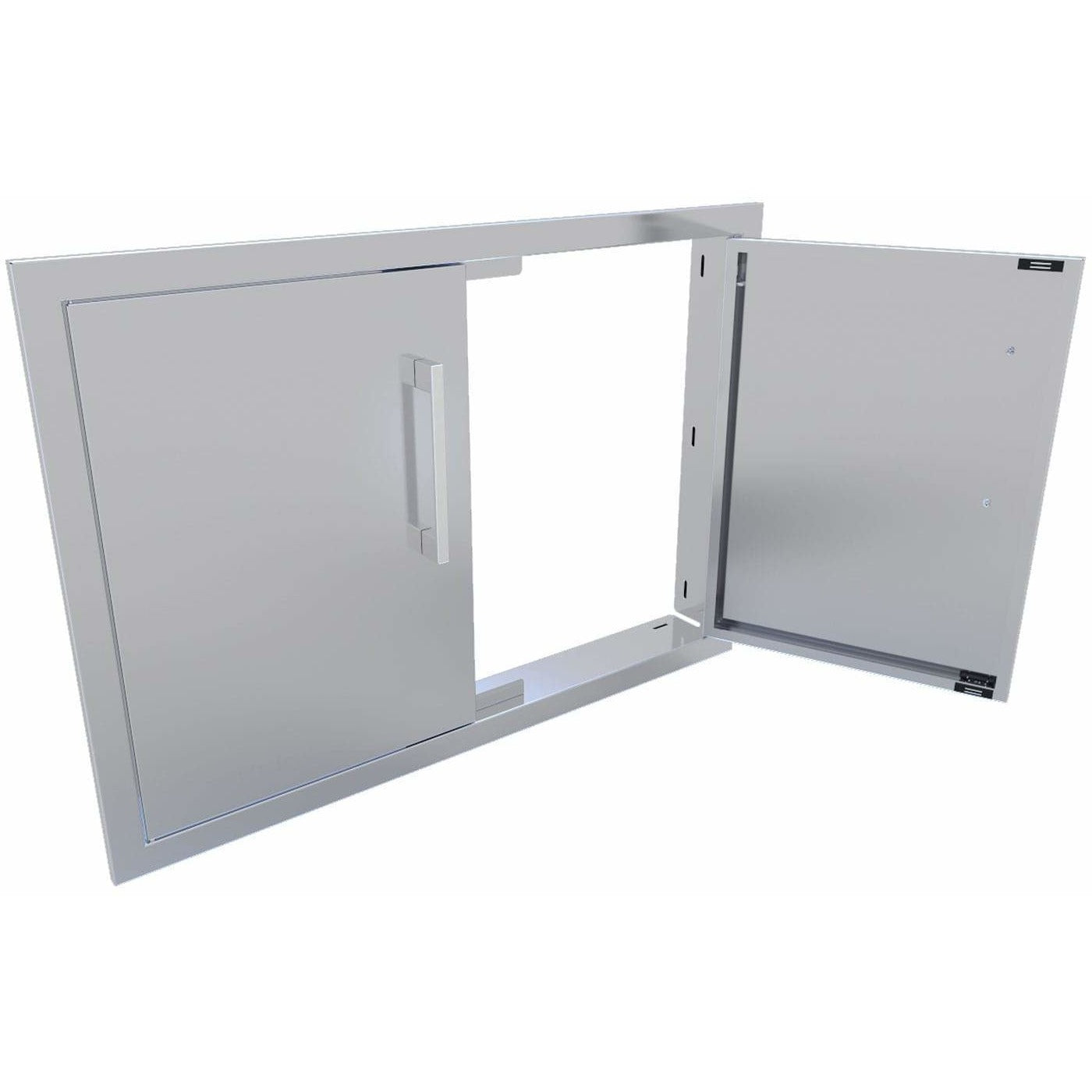 Sunstone 30 inch beveled frame double door BA-DD30 - Stainless steel double access doors, left door open.