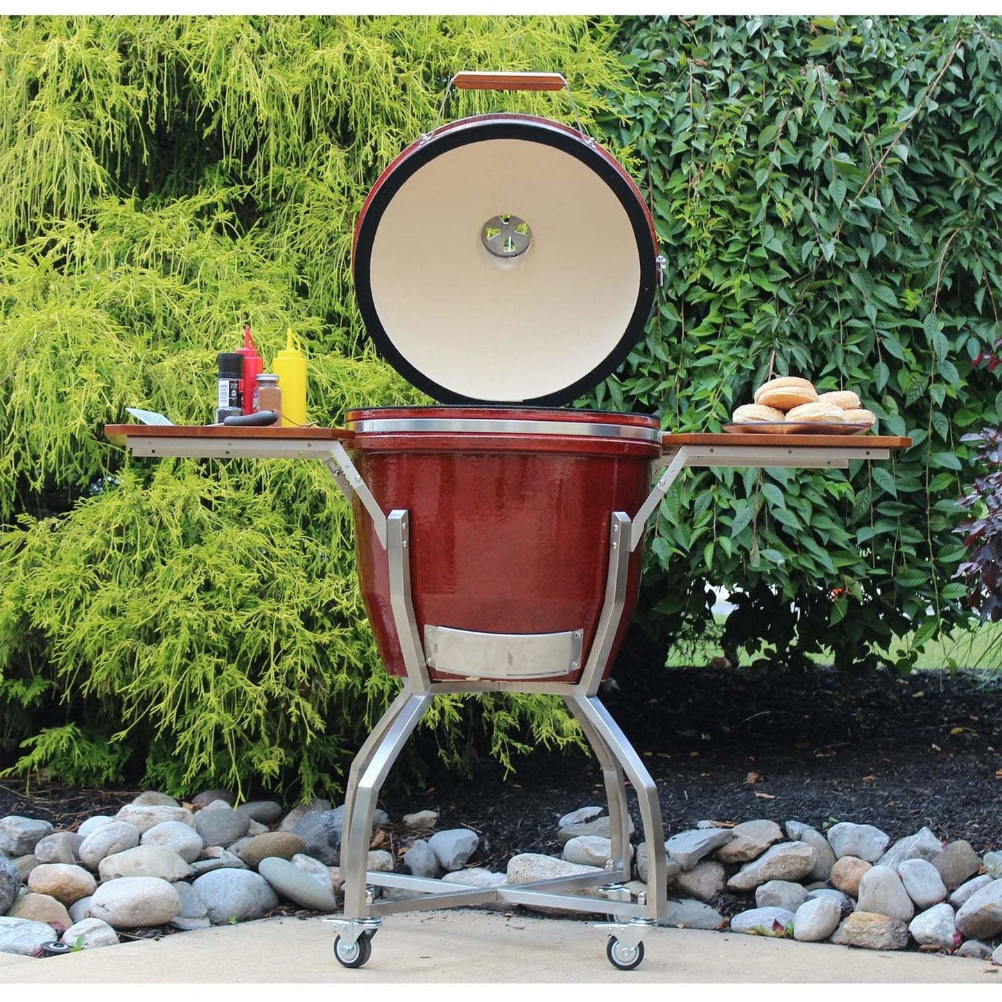 Heat 19 Inch Ceramic Kamado Grill, with cart shelves and Cover | Red - M&K Grills