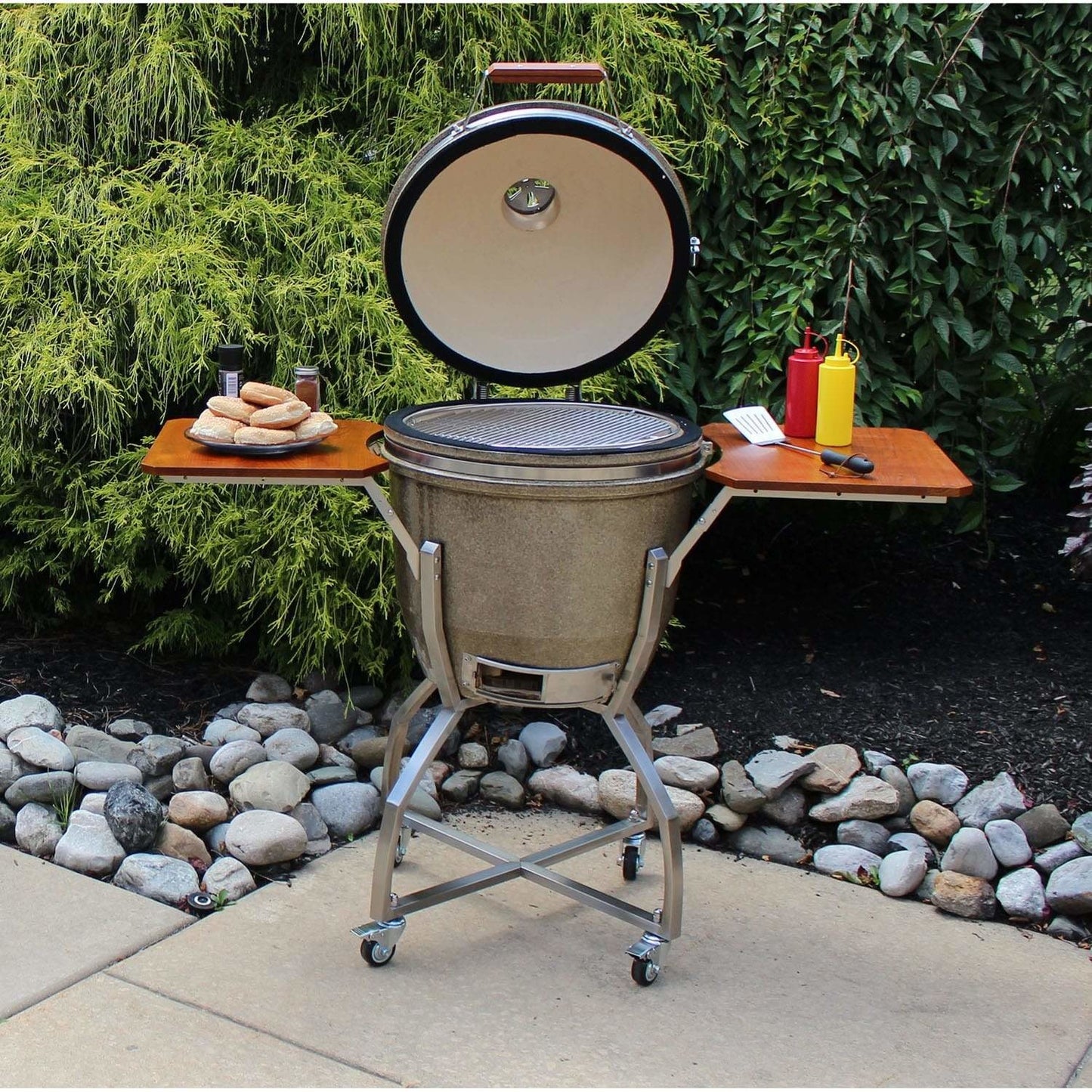 Heat 19 Inch Kamado Char Grill, with cart, shelves and Cover, Sand - M&K Grills