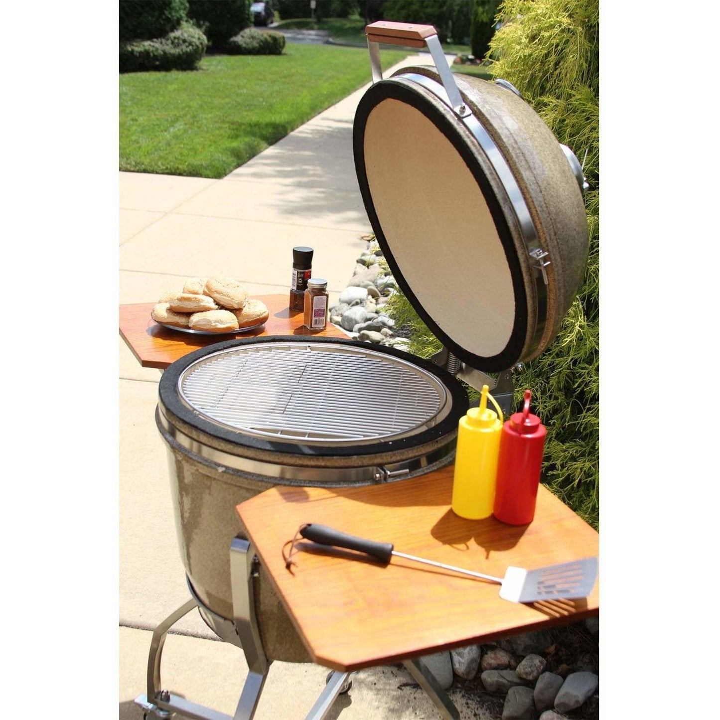 Heat 19 Inch Kamado Char Grill, with cart, shelves and Cover, Sand - M&K Grills