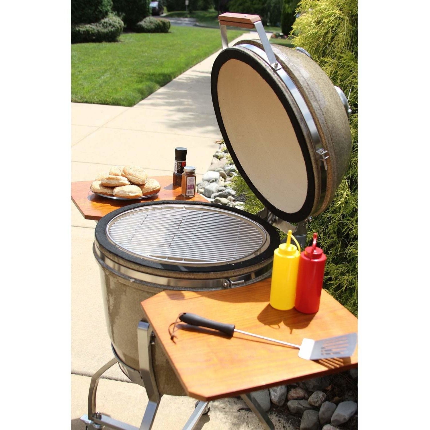Heat 19 Inch Kamado Char Grill, with cart, shelves and Cover, Sand - M&K Grills