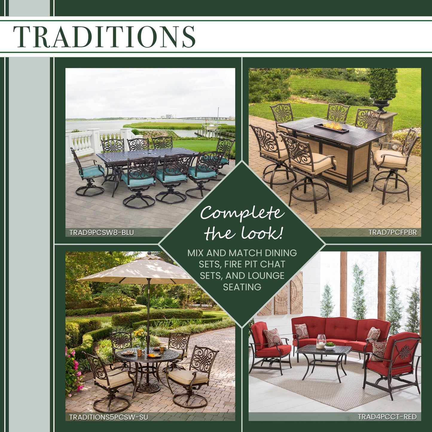 Hanover traditions 9 piece 8 counter height swivel chairs 60 inch square cast table umbrella and base TRADDN9PCBRSQ-SU-R