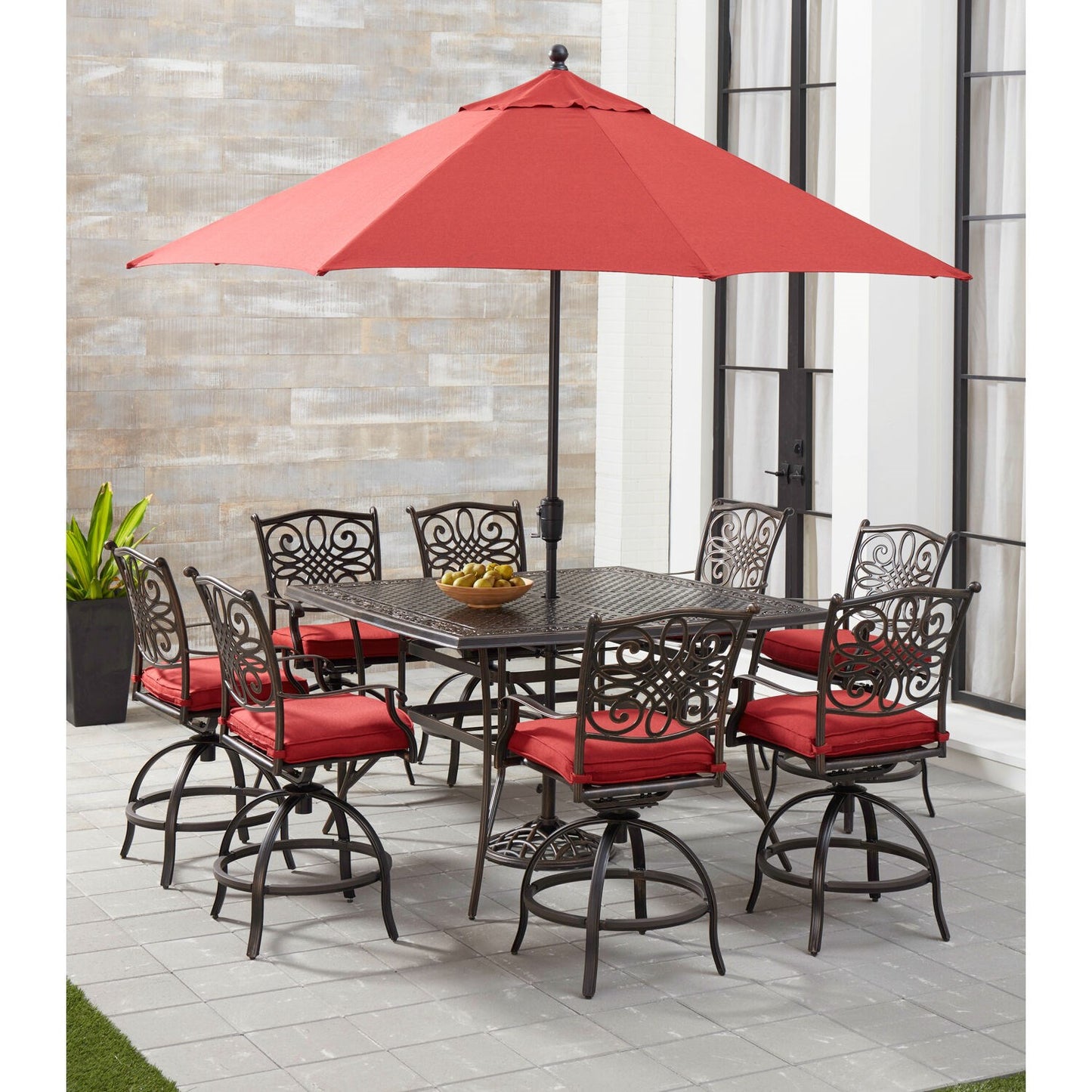 hanover-traditions-9-piece-8-counter-height-swivel-chairs-60-inch-square-cast-table-umbrella-and-base-traddn9pcbrsq-su-r