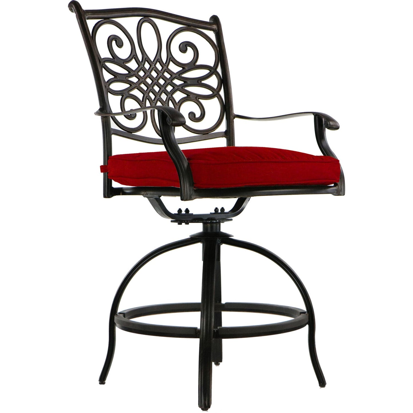 Hanover traditions 9 piece 8 counter height swivel chairs 60 inch square cast table umbrella and base TRADDN9PCBRSQ-SU-R
