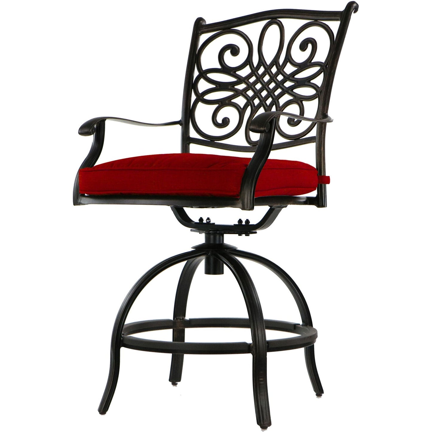 Hanover traditions 9 piece 8 counter height swivel chairs 60 inch square cast table umbrella and base TRADDN9PCBRSQ-SU-R