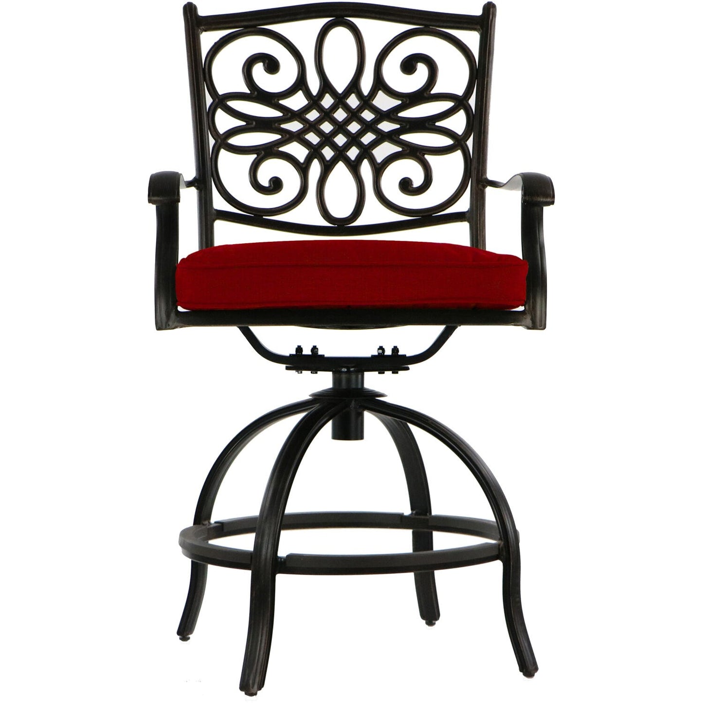 Hanover traditions 9 piece 8 counter height swivel chairs 60 inch square cast table umbrella and base TRADDN9PCBRSQ-SU-R