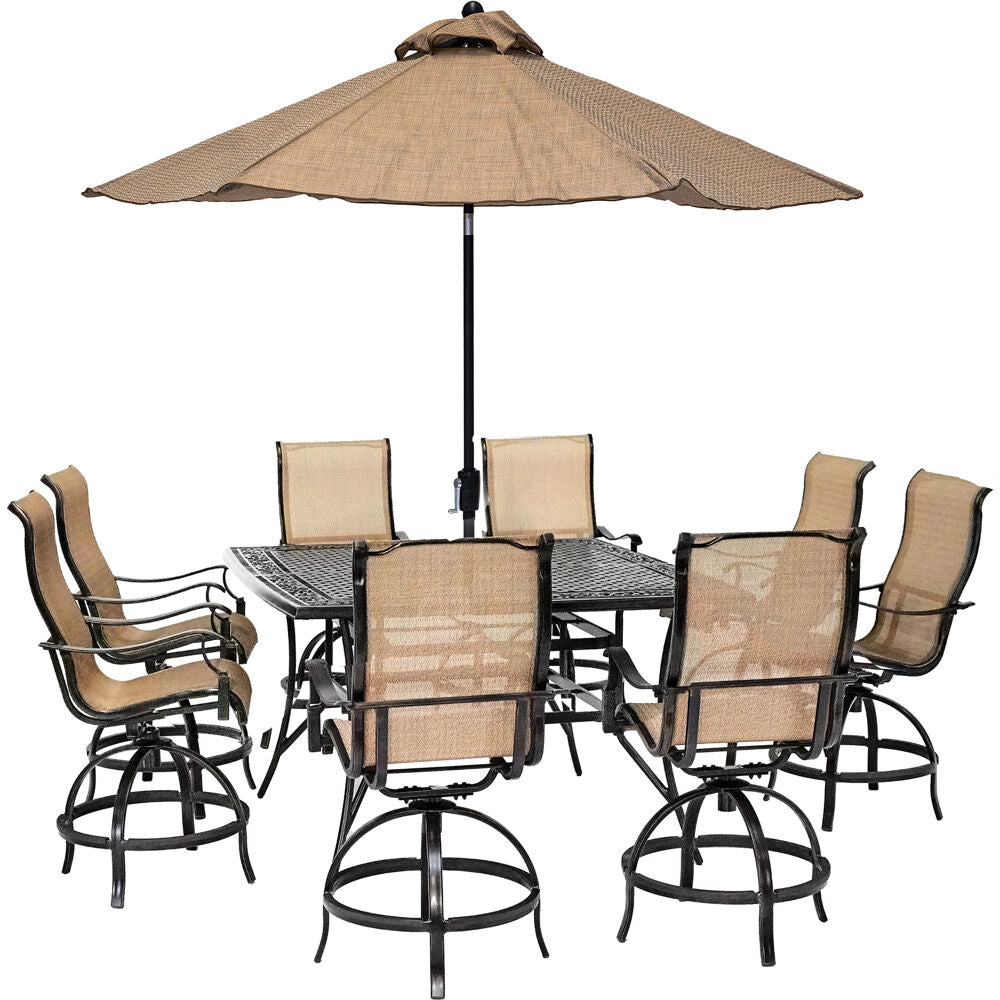 hanover-manor-9-piece-8-counter-height-swivel-sling-chairs-60-inch-square-cast-table-umbrella-and-base-mandn9pcsq-br-su