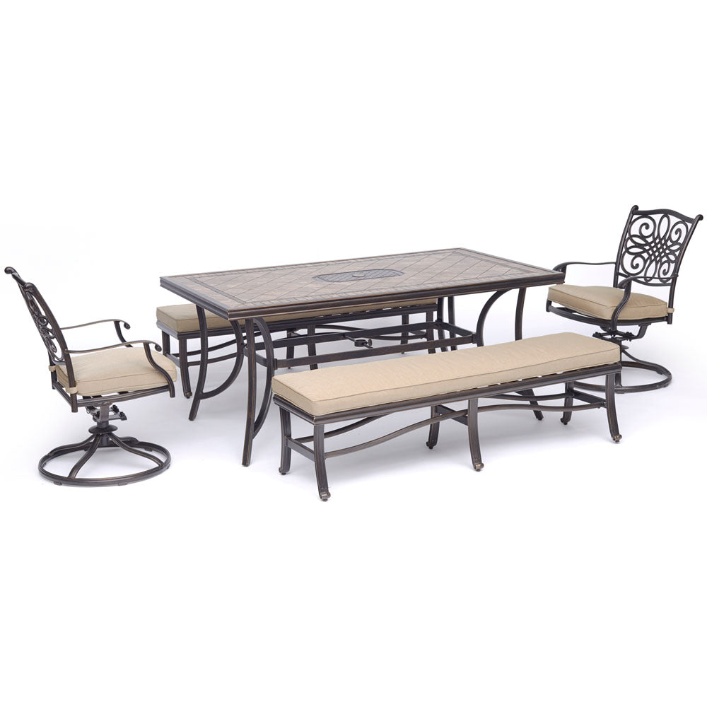 hanover-monaco-5-piece-2-cushion-swivel-rockers-2-cushion-backless-bench-chairs-40x68-inch-tile-top-table-mondn5pcsw2bn-tan