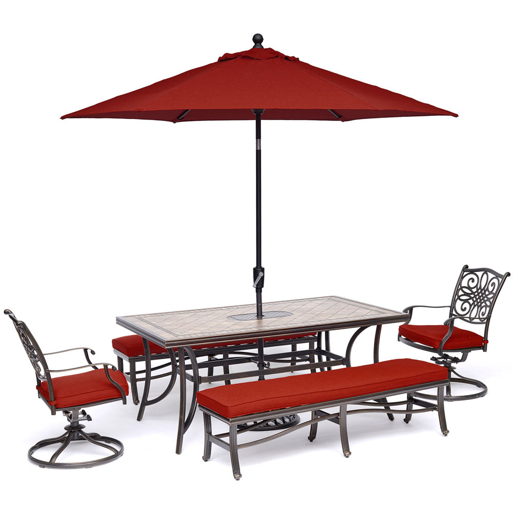 hanover-monaco-5-piece-2-cushion-swivel-chairs-2-cushion-bench-chairs-40x68-inch-tile-table-umbrella-and-base-mondn5psw2bn-r-su