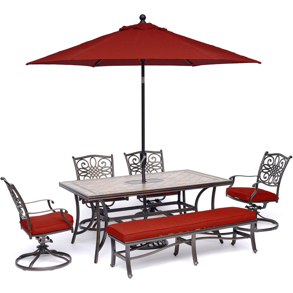 hanover-monaco-6-piece-4-cushion-swivel-chairs-1-cushion-bench-chairs-40x68-inch-tile-table-umbrella-and-base-mondn6pcsw4bn-r-su