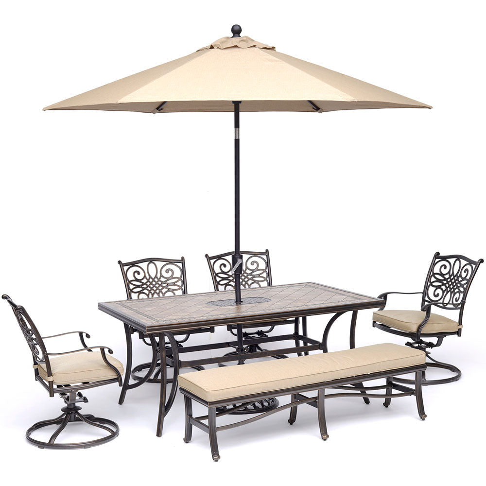 hanover-monaco-6-piece-4-cushion-swivel-rockers-backless-cushion-bench-chairs-40x68-inch-tile-table-umbrella-base-mondn6pcsw4bn-su-t