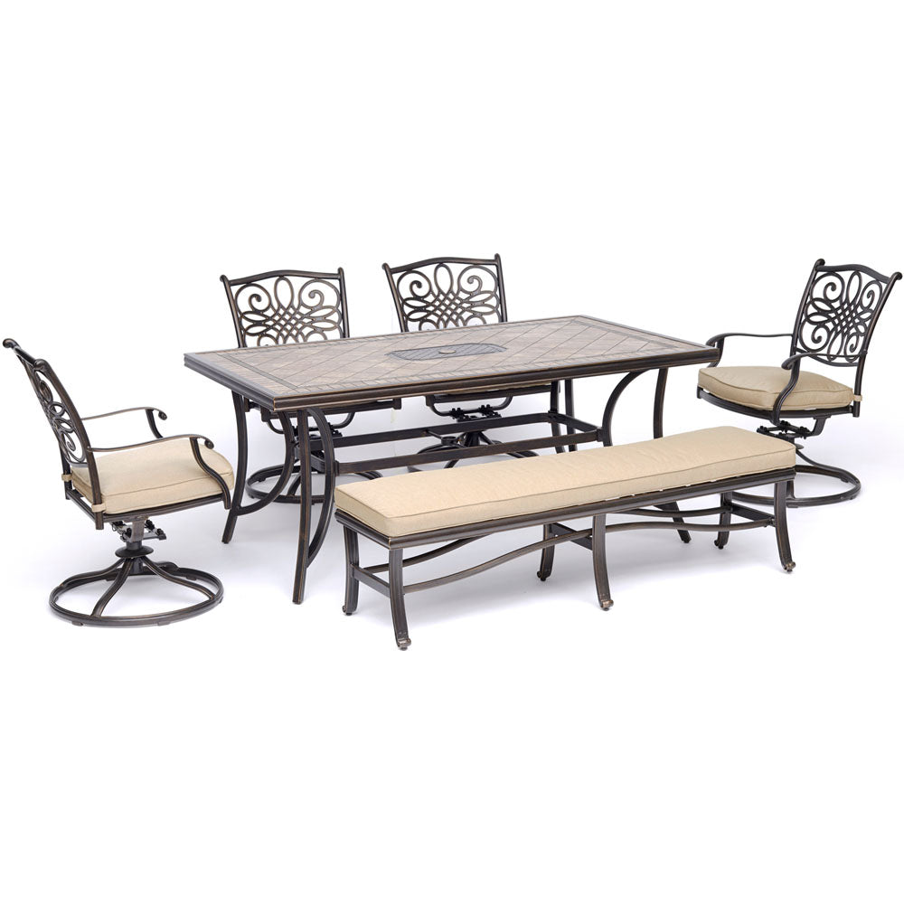 hanover-monaco-6-piece-4-cushion-swivel-rockers-backless-cushion-bench-chairs-40x68-inch-tile-top-table-mondn6pcsw4bn-tan