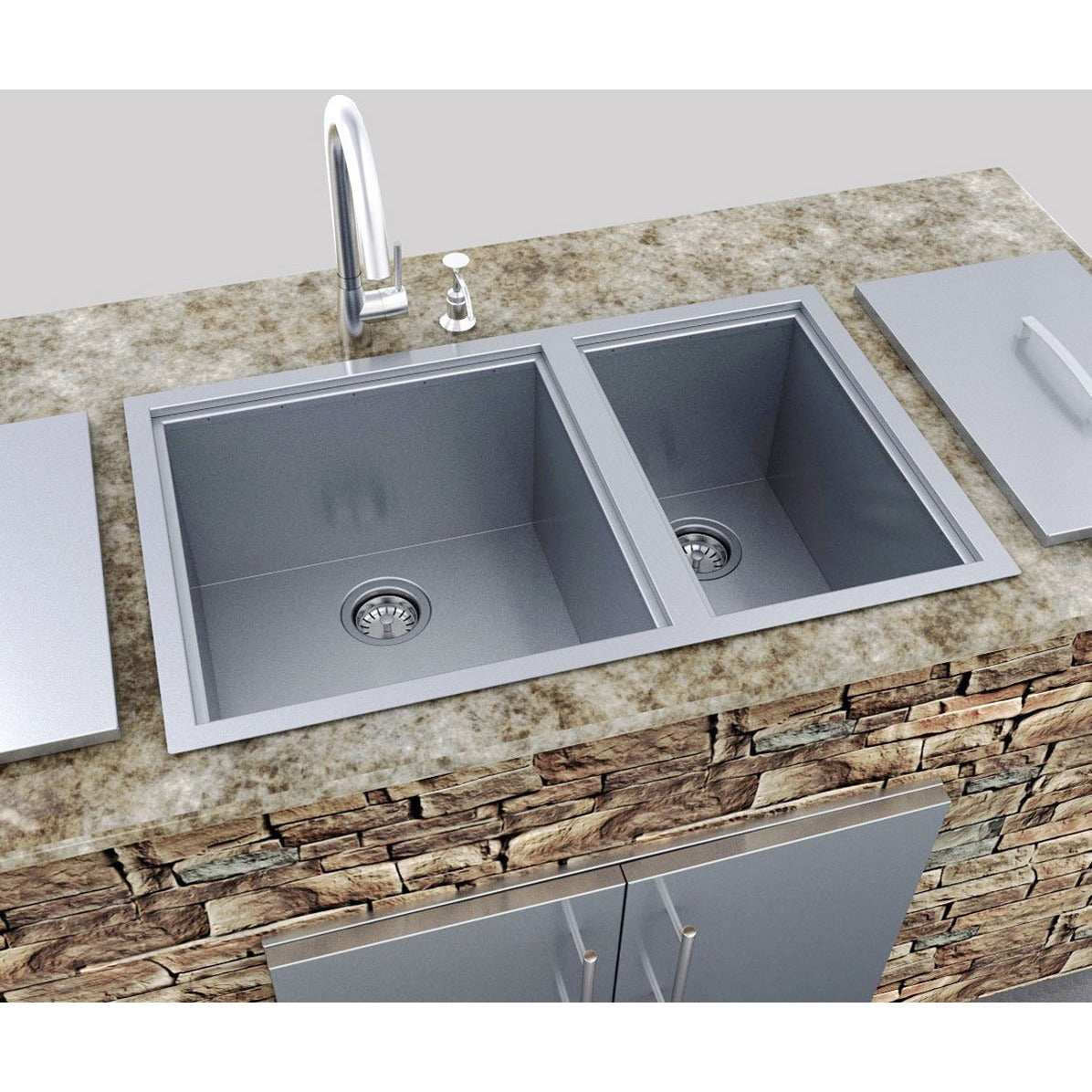 Sunstone B-SK34 Over/Under 34 X 12-Inch Height Double Basin Sink W/2 Covers - Under Counter Installation